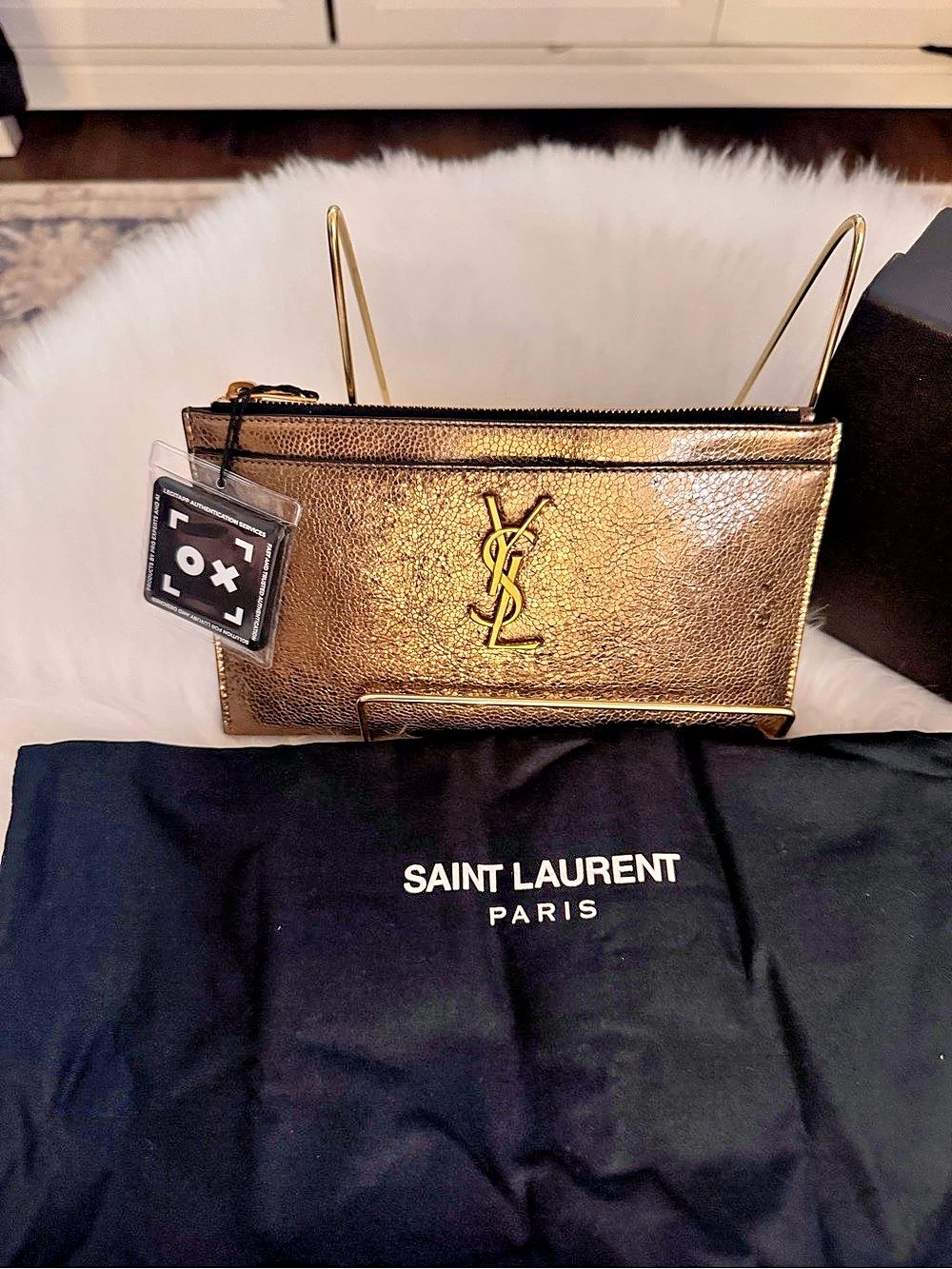 Saint Laurent (YSL) Metallic Gold Leather Pouch/Bill Wallet/ Clutch